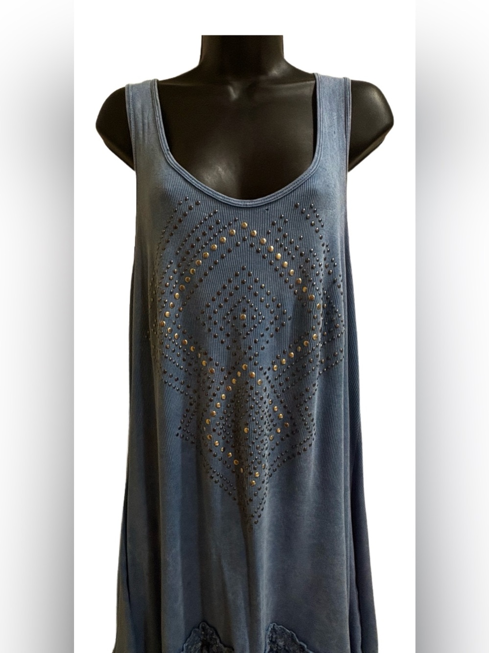 Sleeveless Blue Ribbed Studded Scoop Neck Women's Mini Dress❤️